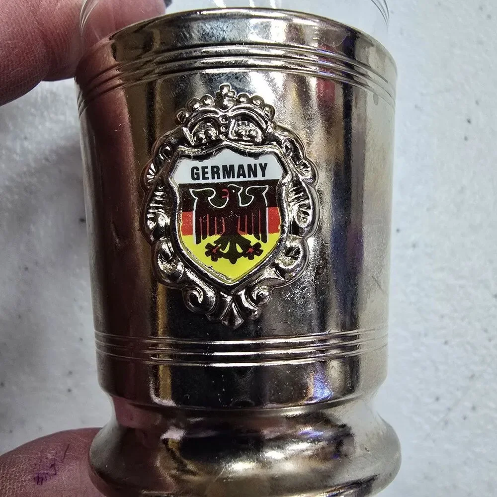 Vintage 2-Germany Shot Glasses Metal Overlay With German Eagle Flag Emblem